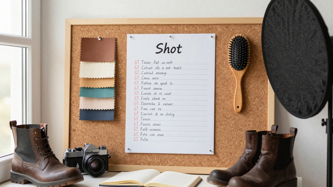 Corkboard with fabric samples, camera gear, and handwritten shot list organized for a photoshoot.